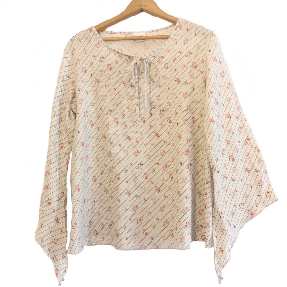 Vintage Slit Bell Sleeve Floral Stripe Soft Blouse